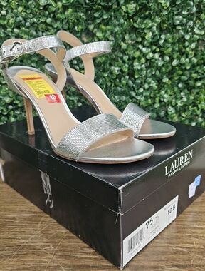 Womens Lauren Ralph Lauren Silver Textured Open-Toe Ankle-Strap Heels Size 10 B
